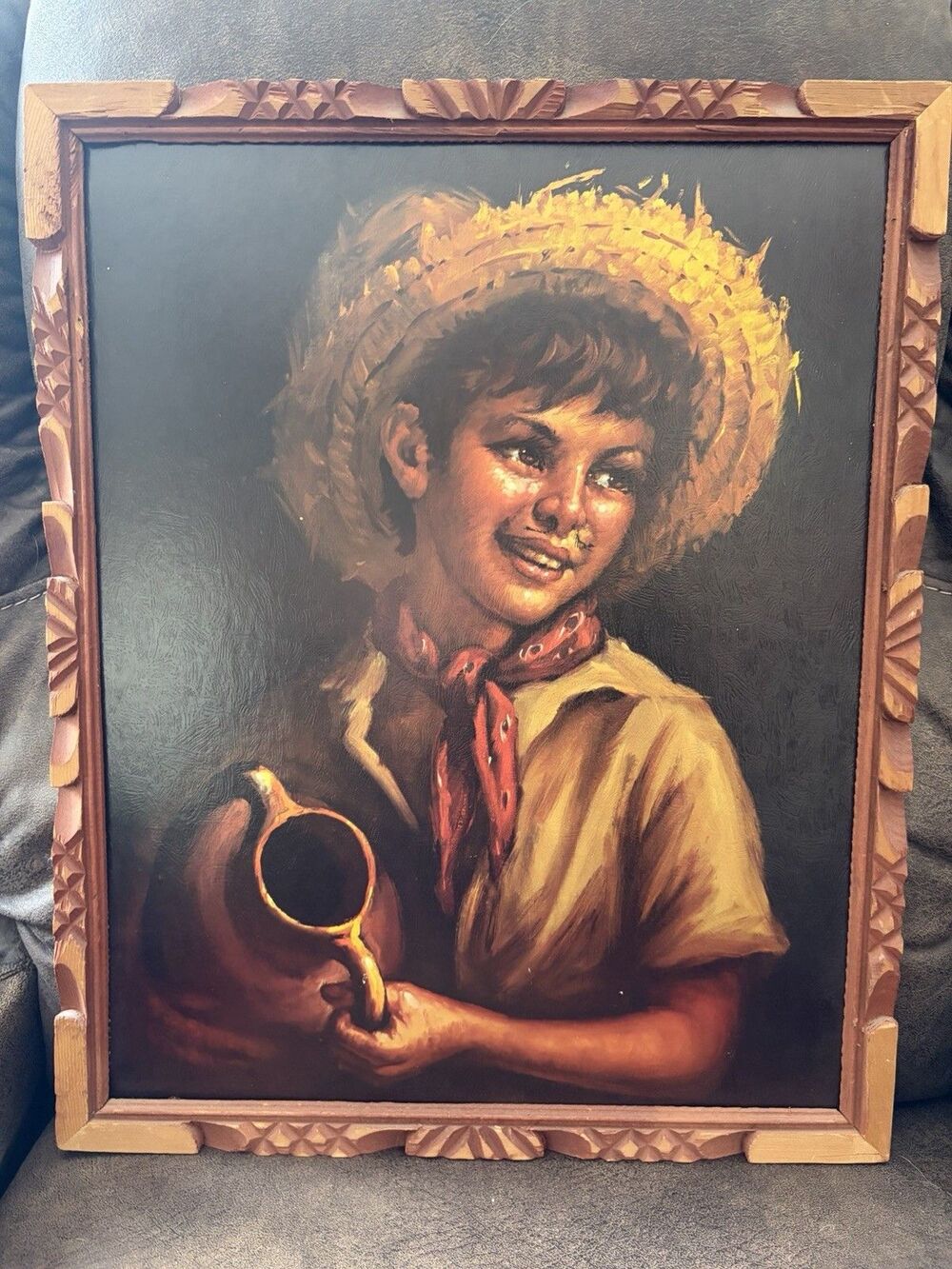 Polly Bowen Girl with Straw Hat & Jug Lithograph Print Custom Frame “21x17” MCM